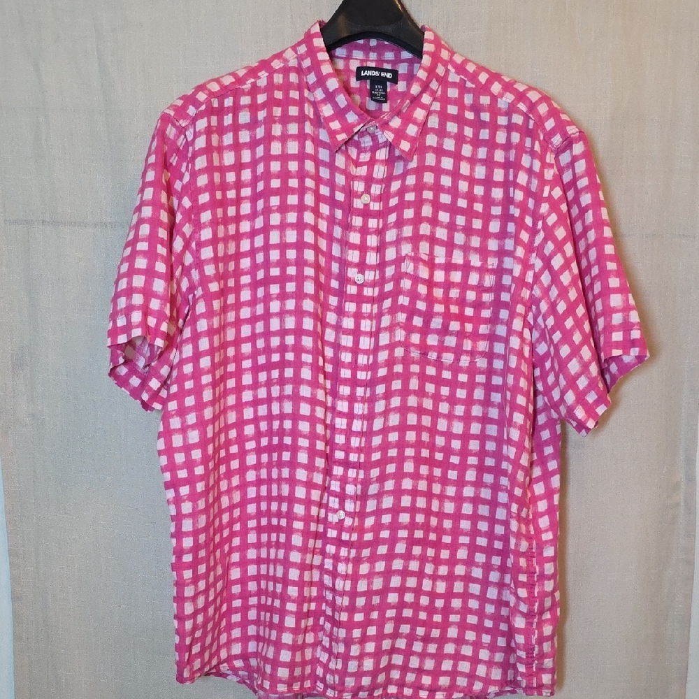 Lands' End Men's Pink Plaid Linen Button Down Shirt